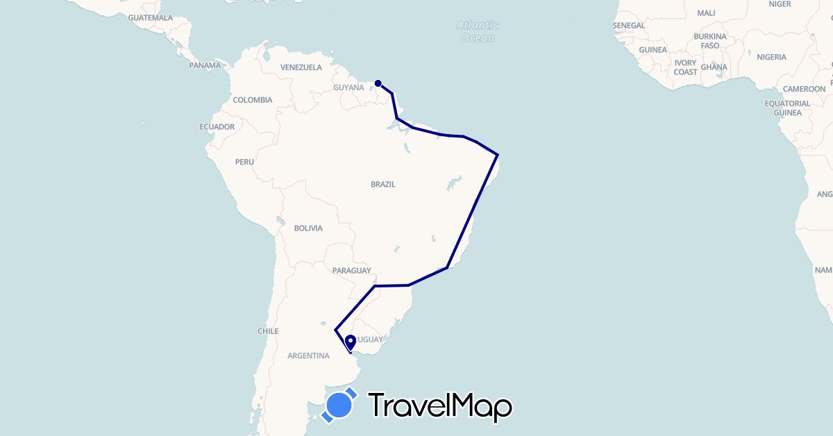 TravelMap itinerary: driving in Argentina, Brazil, French Guiana (South America)